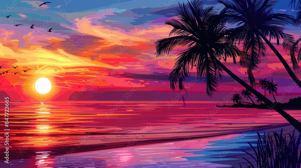 Seaside Sunset on Palm Beach Trees 3D Render Seaside Sunset on Palm Beach Trees 3D Render