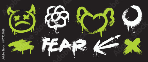 Set of graffiti spray element vector. Collection of colorful symbol, scribble, flower, stroke, heart, devil, arrow. Element on black background for banner, decoration, street art, ads.