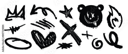 Set of graffiti spray element vector. Collection of colorful symbol, scribble, stroke, arrow, heart, star, fire, bear. Element on white background for banner, decoration, street art, ads.