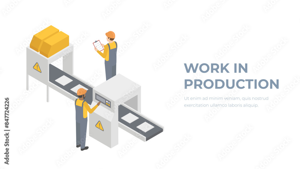 Isometric workers on conveyor belt. Delivery service concept. Parcels on conveyor. Isometric workers on conveyor belt. Delivery service concept. Parcels on conveyor.