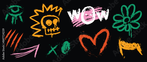 Set of graffiti spray element vector. Collection of colorful symbol, scribble, stroke, arrow, skull, heart, flower. Element on black background for banner, decoration, street art, ads.