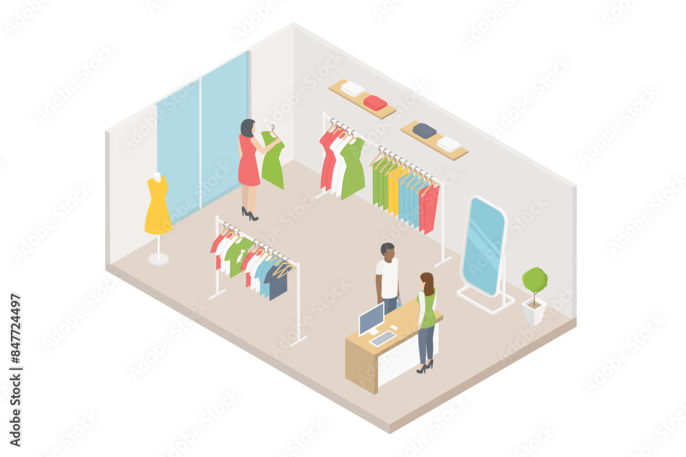 Isometric shopping concept. Clothing store scene. People choose and buy clothes isometry. Isometric shopping concept. Clothing store scene. People choose and buy clothes isometry.