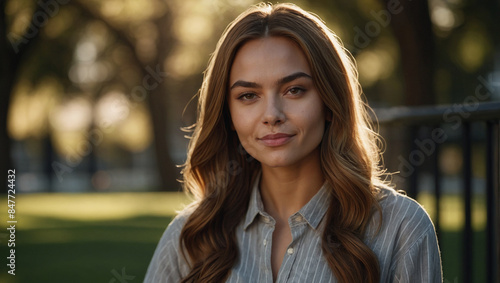 Portrait photo of a woman with long hair and a shirt with a long brown hair.