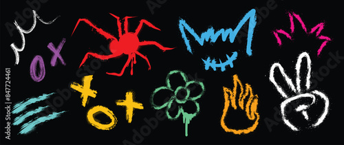 Set of graffiti spray element vector. Collection of colorful symbol, scribble, stroke, arrow, spider, flower, hand. Element on black background for banner, decoration, street art, ads.