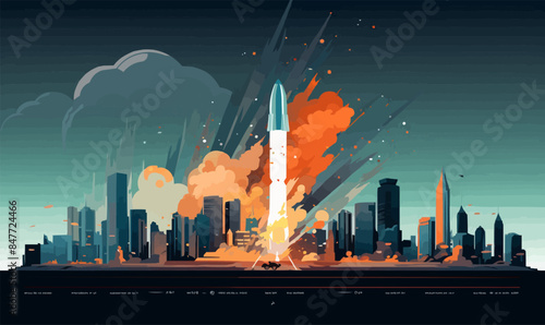 tactical ballistic missile hitting destroyed city isolated vector style with transparent background illustration