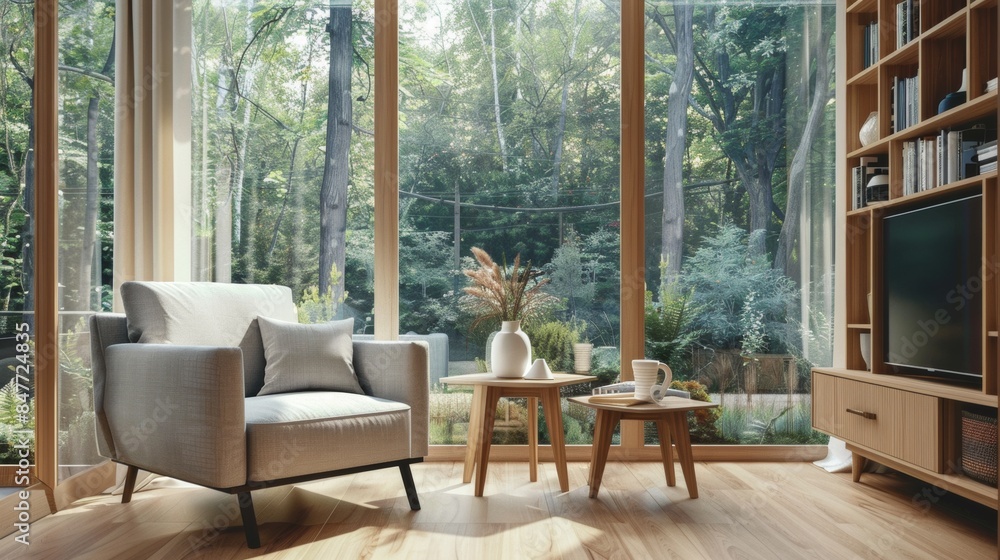 Cozy living room with large windows overlooking forest, modern furniture and natural light Cozy living room with large windows overlooking forest, modern furniture and natural light
