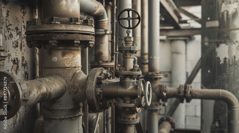 Industrial pipes and valves, close-up, part of factory architecture, no people, clear focus, muted colors Industrial pipes and valves, close-up, part of factory architecture, no people, clear focus, muted colors