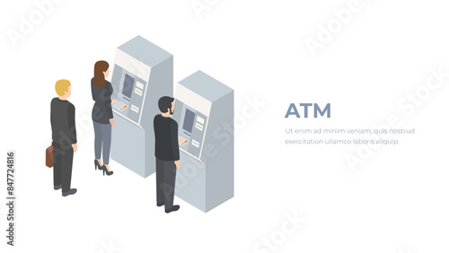 Isometric people at the ATM. Banking area concept. Cashing out money. Isometric ATM. 
