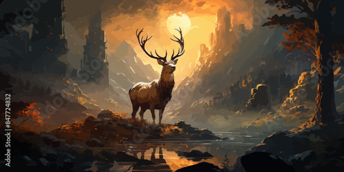 the deer with its fire horns standing on rocks in winter landscape, digital art style, illustration painting