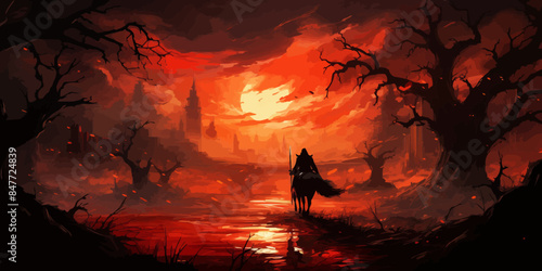 The knight with spear riding a horse through the fire forest, digital art style, illustration painting