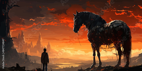 the man and his mechanized horse standing on rooftop building in futuristic planet, digital art style, illustration painting