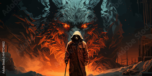 The man in the hood with spear faceing the giant winter wolf, digital art style, illustration painting
