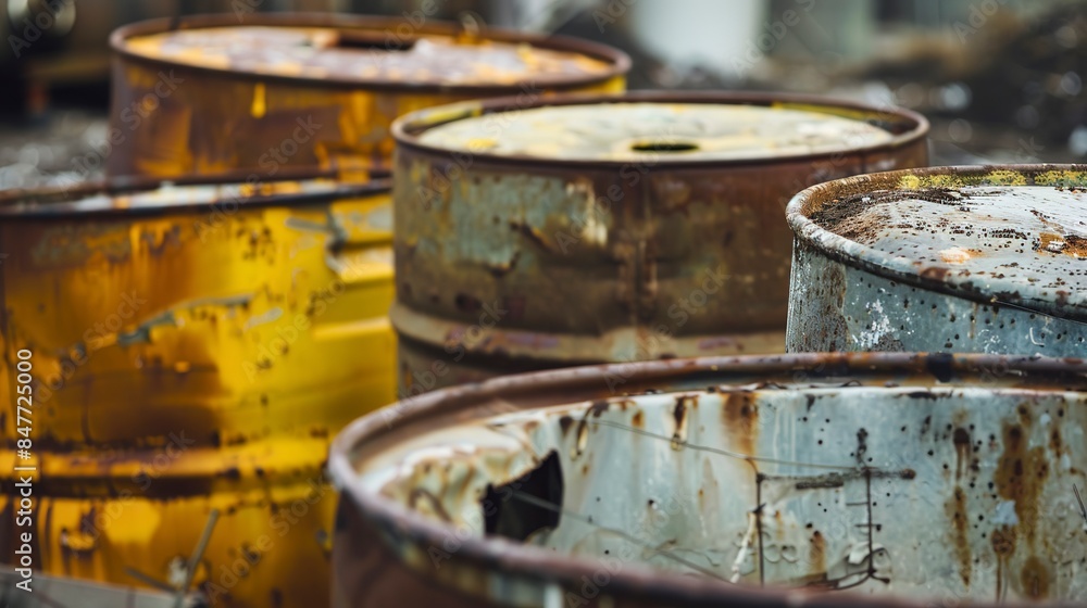 Close-up on discarded industrial barrels, toxic waste, no human, rust and corrosion, dim overcast lighting Close-up on discarded industrial barrels, toxic waste, no human, rust and corrosion, dim overcast lighting