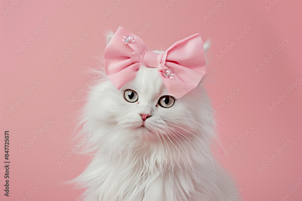 Fototapeta fluffy white cat with a large pastel pink bow on its head against a solid light pink background, lady pet, cute pet care, grooming salon concept	
