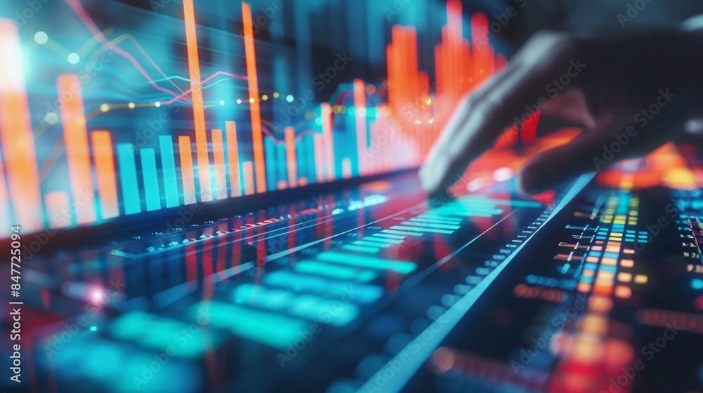 Hand interacting with digital financial data on a touchscreen interface, advanced analytics, technology and data visualization Hand interacting with digital financial data on a touchscreen interface, advanced analytics, technology and data visualization