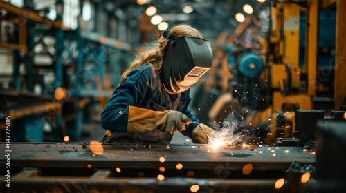 Focused welder in protective gear working on metal with bright sparks in an industrial factory setting, showcasing skilled craftsmanship.