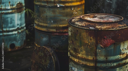 Close-up on discarded industrial barrels, toxic waste, no human, rust and corrosion, dim overcast lighting  © Thanthara