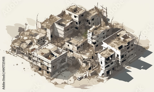 top view aerial shot of destroyed city isolated vector style with transparent background illustration