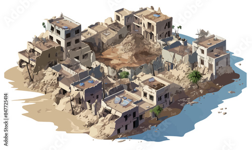 top view aerial shot of destroyed city isolated vector style with transparent background illustration