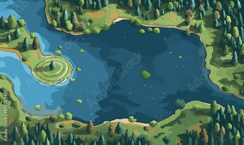 top view aerial shot of lake vector flat isolated illustration
