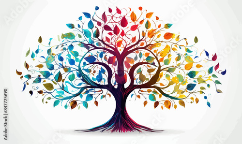 Tree of life with leaves concepts, vector illustration of a colorful tree with roots