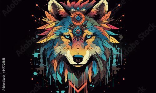 Tribal spirit animal wolf head colorful nature vector illustration in the middle of the artboard
