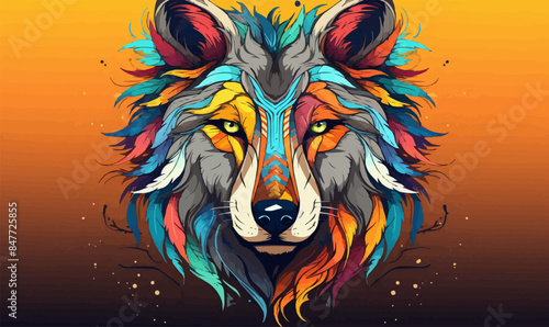 Tribal spirit animal wolf head colorful nature vector illustration in the middle of the artboard