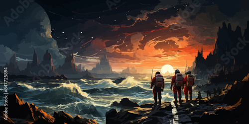 Two astronauts siting on rocks looking at the night sky, digital art style, illustration painting