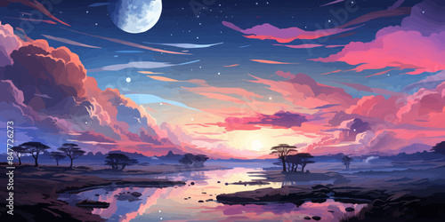 Vector evening sky clouds. Anime clean style
