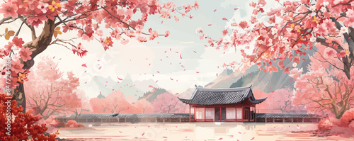 apanese cherry blossom sakura on the background of an old asian style house, tourism to asia during the flowering of plants and spring. vector simple illustration