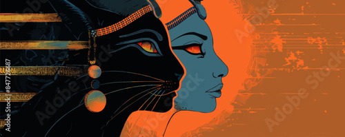 Bastet, half woman half cat goddess, ai based. vector simple illustration