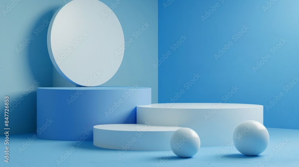 3d white geometric forms. Box podium in blue color. Fashion show stage,pedestal, shopfront with colorful theme. Minimal scene for product display. 3d white geometric forms. Box podium in blue color. Fashion show stage,pedestal, shopfront with colorful theme. Minimal scene for product display.