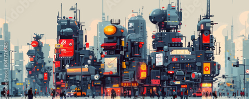Biomechanical city of the future with cyborgs, bio-interfaces, and high-tech prosthetics. Vector flat minimalistic isolated illustration.