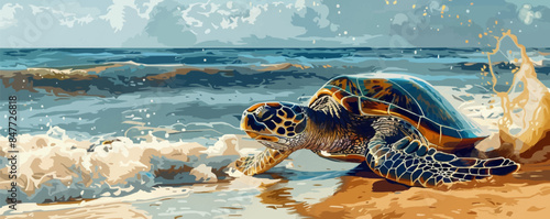 Big sea turtle on the sand beach by the ocean in the oil and fuel oil, ecological disaster, nature in danger, the problem with the ecology of the planet earth. vector simple illustration