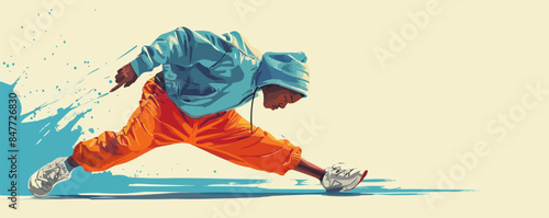 Breakdancer in an urban cultural disposition. Illustration of a dancer expressing his passion for hip-hop culture through his dance performances. Vector flat minimalistic isolated illustration