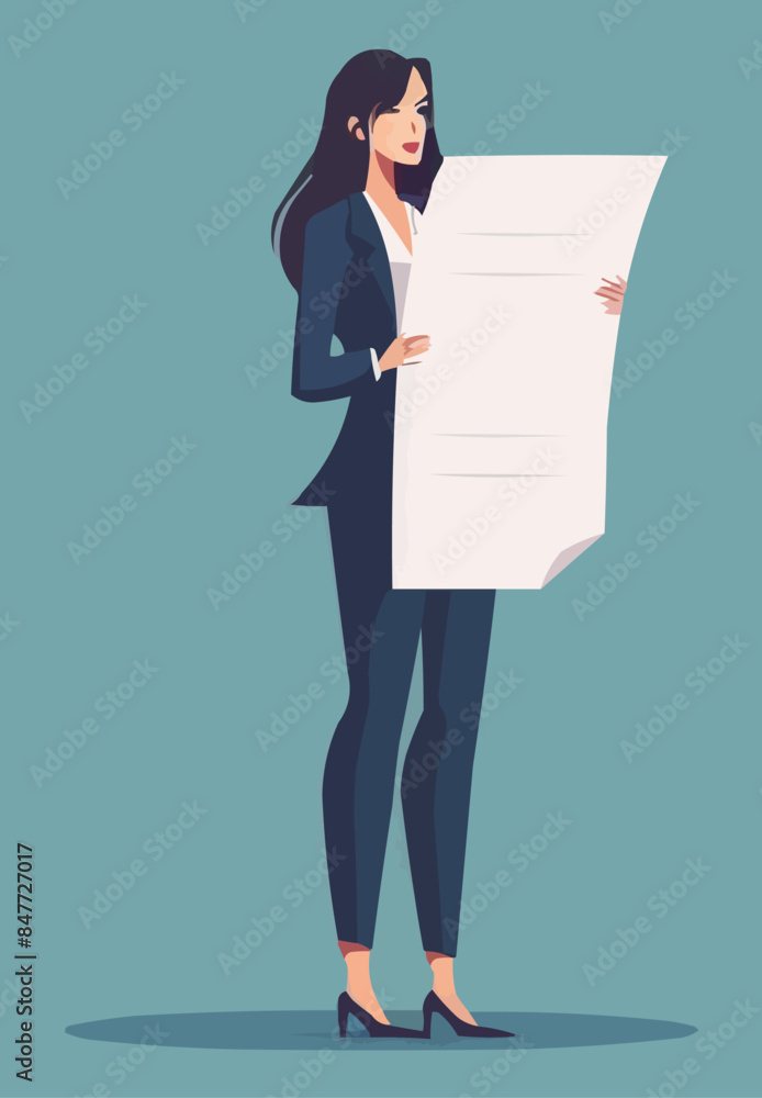 Business woman in a suit holding a long sheet of paper. Businesswoman with a big checklist, to do list, document with tasks. Busy female person concept. Vector flat minimalistic isolated illustration Business woman in a suit holding a long sheet of paper. Businesswoman with a big checklist, to do list, document with tasks. Busy female person concept. Vector flat minimalistic isolated illustration