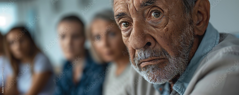 During group therapy, this portrait shows a depressed senior man. During group therapy, this portrait shows a depressed senior man.