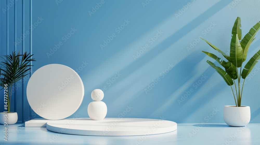 3d white geometric forms. Box podium in blue color. Fashion show stage,pedestal, shopfront with colorful theme. Minimal scene for product display. 3d white geometric forms. Box podium in blue color. Fashion show stage,pedestal, shopfront with colorful theme. Minimal scene for product display.