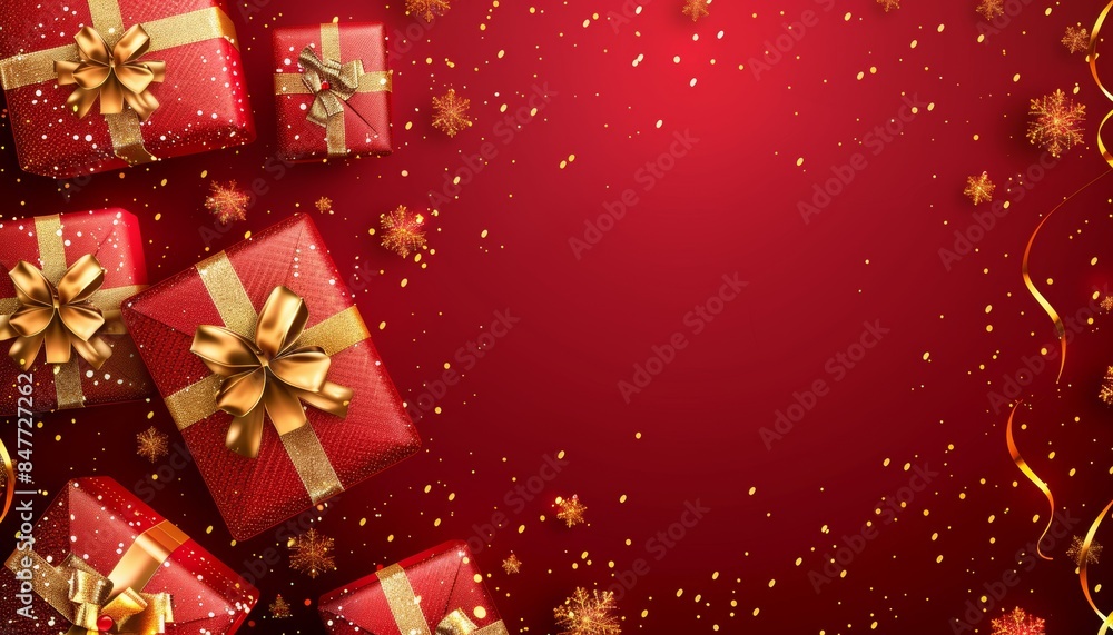 Falling gift box amidst realistic festive surprises banner for holiday gift excitement Falling gift box amidst realistic festive surprises banner for holiday gift excitement