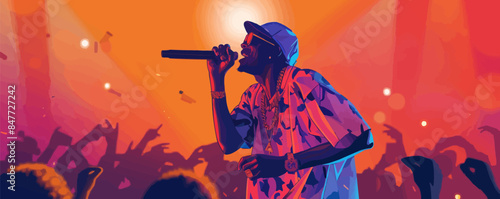 Classic rapper with a microphone. Image of an artist in a characteristic outfit, performing his hits in front of an audience. Vector flat minimalistic isolated illustration