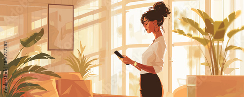 Close up of businesswoman using cell phone while staying at hotel. Vector flat minimalistic isolated illustration
