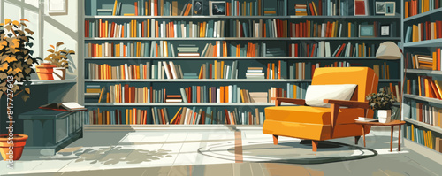 Cozy bookstore corner with shelves filled with books and comfortable reading nooks. Vector flat minimalistic isolated illustration.