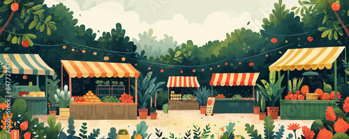 Cozy countryside market with stalls selling fresh produce, flowers, and local crafts, bustling with activity. Vector flat minimalistic isolated illustration.