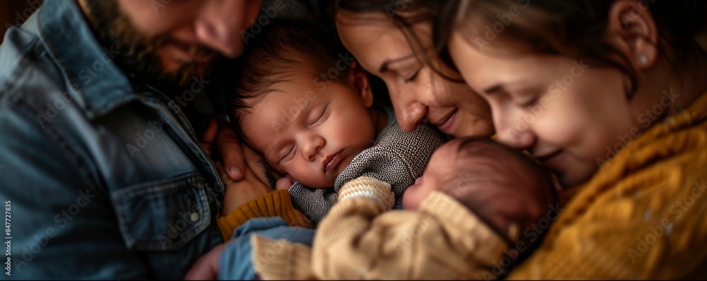Various siblings stoke the newborn baby, while the mother kisses him. Various siblings stoke the newborn baby, while the mother kisses him.