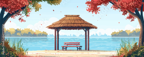 Cozy lakeside gazebo with a thatched roof, wooden benches, and a view of the tranquil water. Vector flat minimalistic isolated illustration.