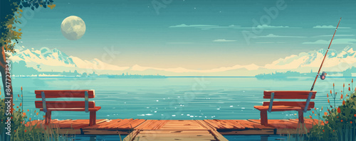 Cozy lakeside dock with wooden benches, fishing rods, and a view of the shimmering water. Vector flat minimalistic isolated illustration.