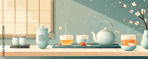 Cozy tea ceremony with Japanese tea cups and traditional treats. Vector flat minimalistic isolated illustration.