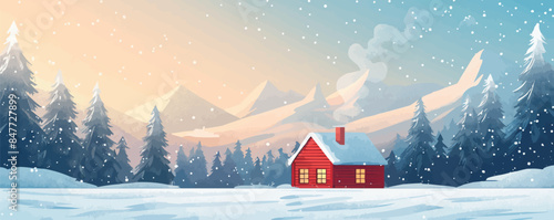 Cozy winter cabin nestled in a snowy forest clearing, with smoke rising from the chimney. Vector flat minimalistic isolated illustration.