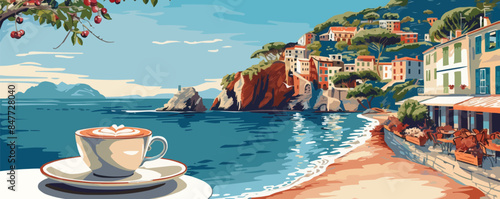 Cup of coffee with dessert on background of picturesque Italian coast. vector simple illustration