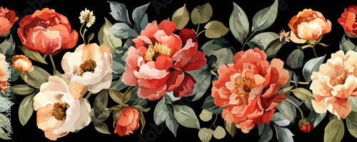 Delicate floral watercolor pattern, floral design for textile and background, watercolor peony flowers and green leaves, soft colors, boho style on black background, floristic vintage. vector simple